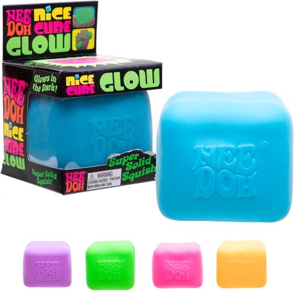 Schylling NeeDoh Nice Cube Glow - Squeeze Toy with a Super Solid Squish - Glows in The Dark - 2.25 Cube - Color May Vary (Pack of 1)