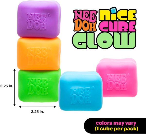 Schylling NeeDoh Nice Cube Glow - Squeeze Toy with a Super Solid Squish - Glows in The Dark - 2.25 Cube - Color May Vary (Pack of 1)